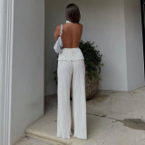 Halter neck sexy backless sleeveless vest white pleated high waist wide leg pants suit women