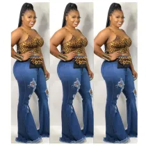 Sexy Fashion Knee Hole Slim Denim Stretch Big Size Fat MM Flared Pants