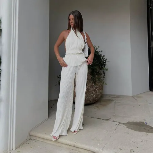 Halter neck sexy backless sleeveless vest white pleated high waist wide leg pants suit women