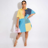 Stylish Multicolor Patchwork Shirt With Waist Slit Dress With Pockets