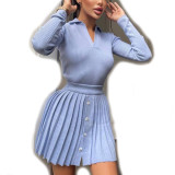 Women's Solid Color Long Sleeve Knit Sweater Top Pleated Skirt AliExpress Fashion Casual Knit Suit