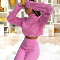 High-neck long-sleeved high-waist solid color wool pants two-piece set