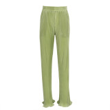 French Commuter Green Short Sleeve Shirt Casual Pleated High Waist Wide Leg Pants Set