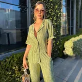 French Commuter Green Short Sleeve Shirt Casual Pleated High Waist Wide Leg Pants Set