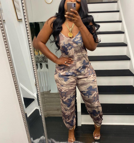 Sexy Loose Sling Double Sided Pocket Fashion Camouflage Jumpsuit
