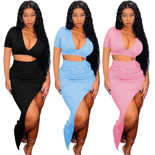 Personalized Solid Color Beveled Long Skirt Short Sleeve Two-piece Set