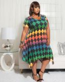 Fashion Plus Size Women Print Irregular Slim Fit Pocket Dress