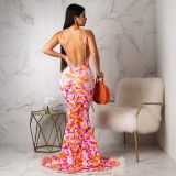 women's open back printed maxi dress