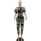 Fashion Ladies Personality Casual Camouflage Lace Hole Irregular Top Suit