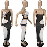 Sexy fashion hollow split suspenders mesh dress