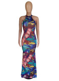 Fashion Colorful Feather Print Sleeveless Dress