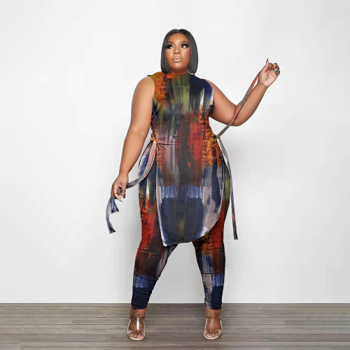 plus size women's print two piece set