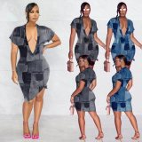 Women's Faux Denim Print Deep V Dress