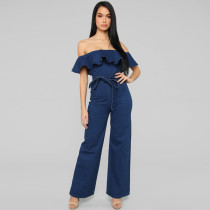 Ruffle Skinny Pack Hip Wash Denim Women's Jumpsuit