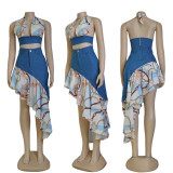 Halter neck wrap chest stitching denim + ruffled skirt skirt suit