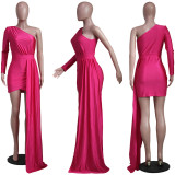 Fashion Casual Slanted Shoulder Irregular Solid Color Dress Party Evening Dress