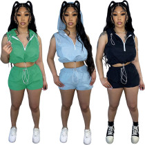 Fashion Casual Solid Color Short Sleeve Shorts Hooded Suit