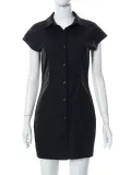 Women's Short Sleeve Lapel Button Slim Pack Hip Shirt Dress
