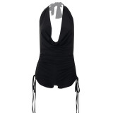 Solid color sleeveless sexy halter neck deep V drawstring casual shorts jumpsuit women