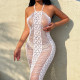 Fringe knitted hollow backless beach holiday dress fashion sexy see-through long skirt women