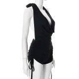 Solid color sleeveless sexy halter neck deep V drawstring casual shorts jumpsuit women