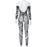 Sexy one-shoulder long-sleeved skinny cutout trousers jumpsuit
