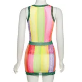 Sexy Hollow Perspective Mesh Splicing Vest High Waist Casual Short Skirt Suit