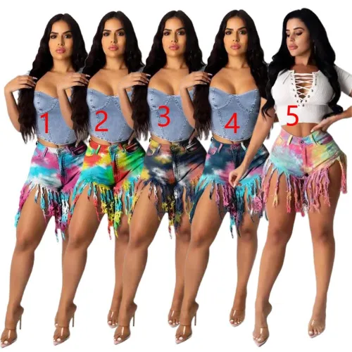 women's tassel transparent bottom tie-dye denim shorts