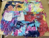 women's tassel transparent bottom tie-dye denim shorts