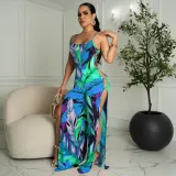 Printed suspender button jumpsuit NK313