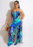 Printed suspender button jumpsuit NK313