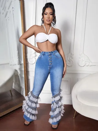 Net red same style denim high waist and leg length micro flared pants women