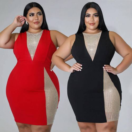 Fat woman plus size women's clothing mesh hot drill stitching deep V sleeveless elastic hip skirt