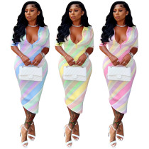 Women's Digital Stripe Contrast Positioning Print Skinny V-Neck Button Up Sexy Dress