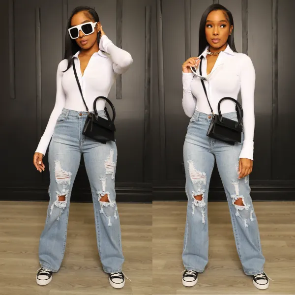 Fashionable denim loose high hip all-match jeans