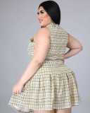 Plus Size Ladies Plaid Print Zip Pleated Two Piece Dress