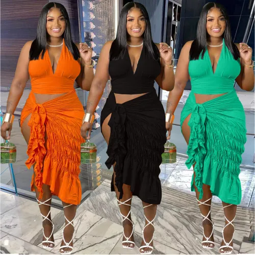 Women's Camisole Sexy Pleated Solid Color Slit Two Piece Dress Suit