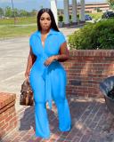 Women's Shirt Collar Breasted Wide Leg Jumpsuit Belted