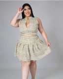 Plus Size Ladies Plaid Print Zip Pleated Two Piece Dress