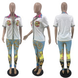Digital Positioning Printing Shirt Short Sleeves and Pockets Fashion Casual Two-piece Set