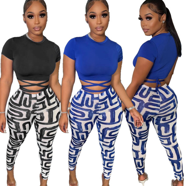 Ladies Fashion Print Pants Short Sleeve Two Piece Casual Suit