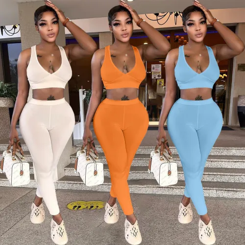 Ladies Sexy Navel Deep V Solid Color Slim Fit Sleeveless Two-piece Suit
