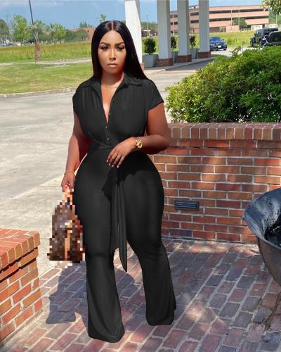 Women's Shirt Collar Breasted Wide Leg Jumpsuit Belted