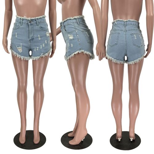 Women's summer high waist frayed rivets washed denim shorts beach hot pants high elastic