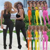 Women's Fashion Solid Color Splicing Casual Sleeveless Tie Jumpsuit
