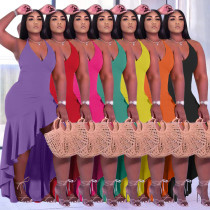 New Sling Sleeveless Solid Color Slit Ruffle Dress