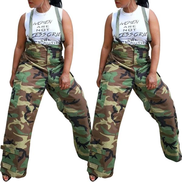 Women's Casual Camo Print Wide Leg High Waist Trousers With Suspenders