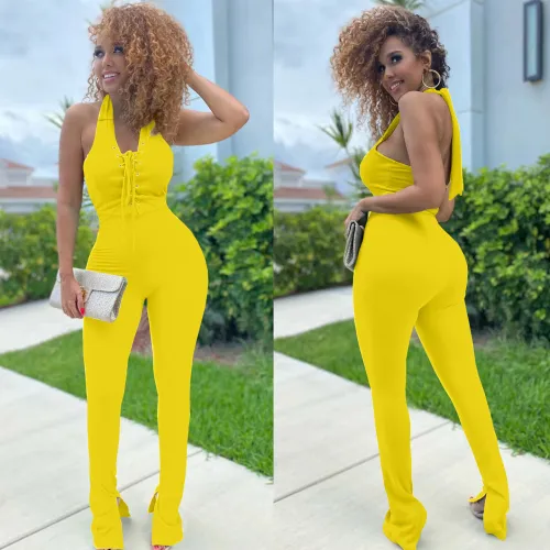 Women's Fashion Solid Color Splicing Casual Sleeveless Tie Jumpsuit