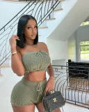 Women's Casual Sexy Wrap Chest Shorts Sweater Two Piece Set