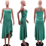 New Sling Sleeveless Solid Color Slit Ruffle Dress